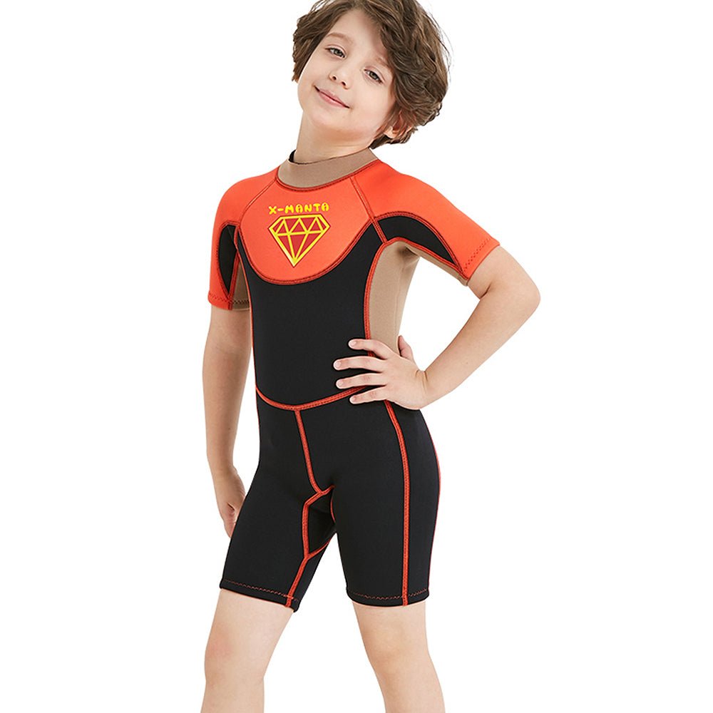 Superhero Brown & Orange 2.5mm Neoprene Knee Length Kids Swimsuit, Half Sleeves Swimwear - Little Surprise BoxSuperhero Brown & Orange 2.5mm Neoprene Knee Length Kids Swimsuit, Half Sleeves Swimwear