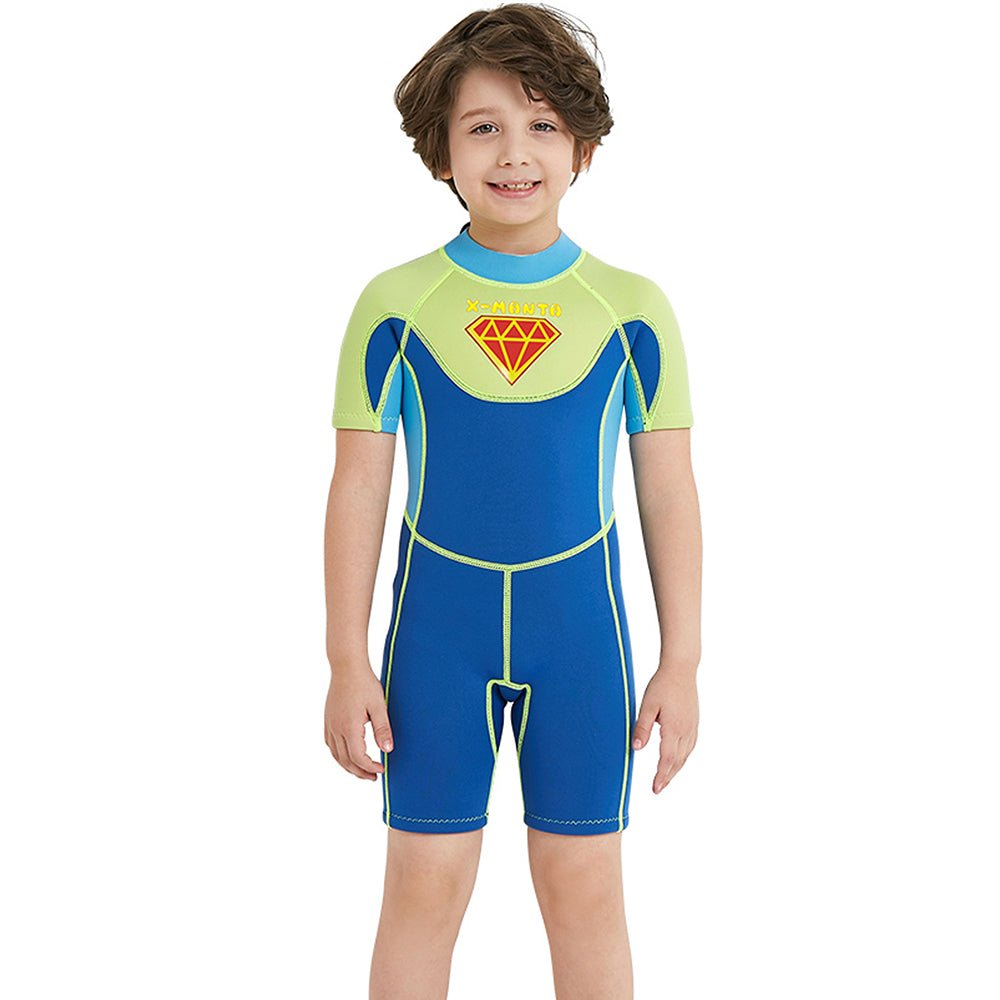 Superhero Green & Blue 2.5mm Neoprene Knee Length Kids Swimsuit, Half Sleeves Swimwear - Little Surprise BoxSuperhero Green & Blue 2.5mm Neoprene Knee Length Kids Swimsuit, Half Sleeves Swimwear