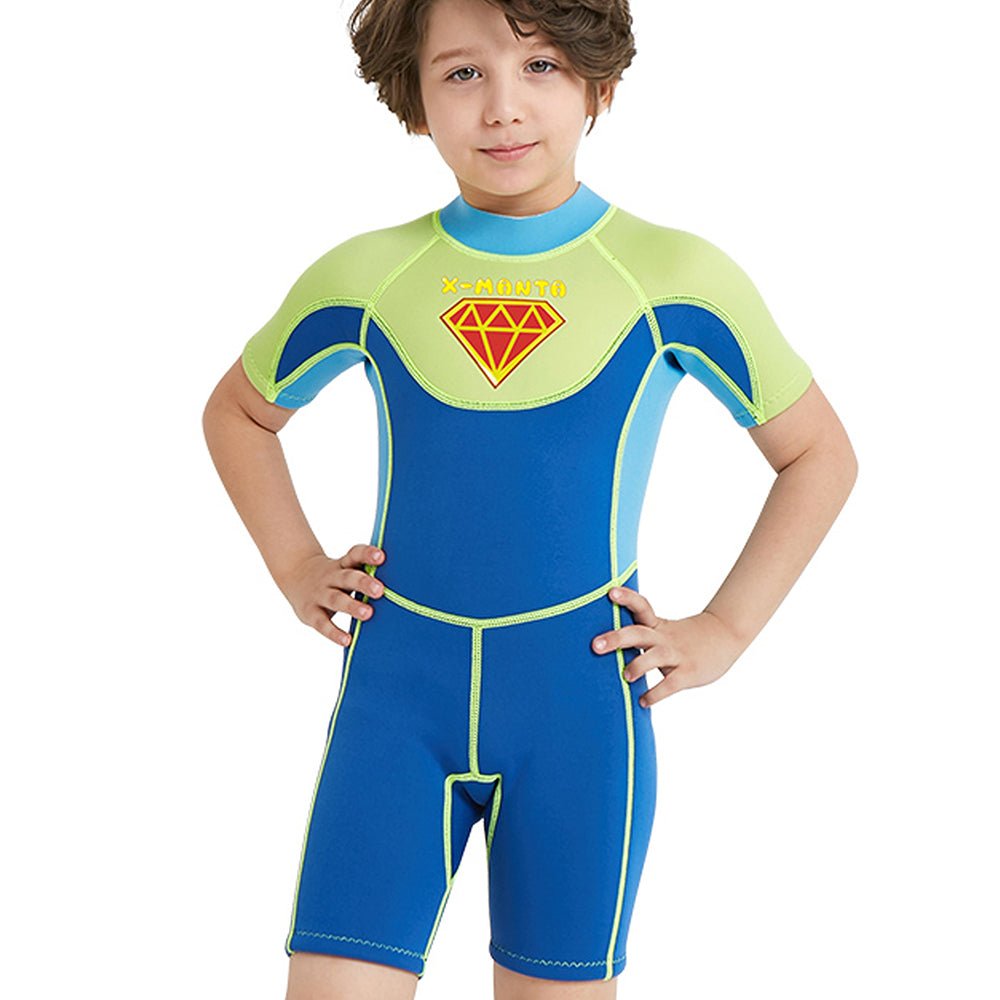 Superhero Green & Blue 2.5mm Neoprene Knee Length Kids Swimsuit, Half Sleeves Swimwear - Little Surprise BoxSuperhero Green & Blue 2.5mm Neoprene Knee Length Kids Swimsuit, Half Sleeves Swimwear