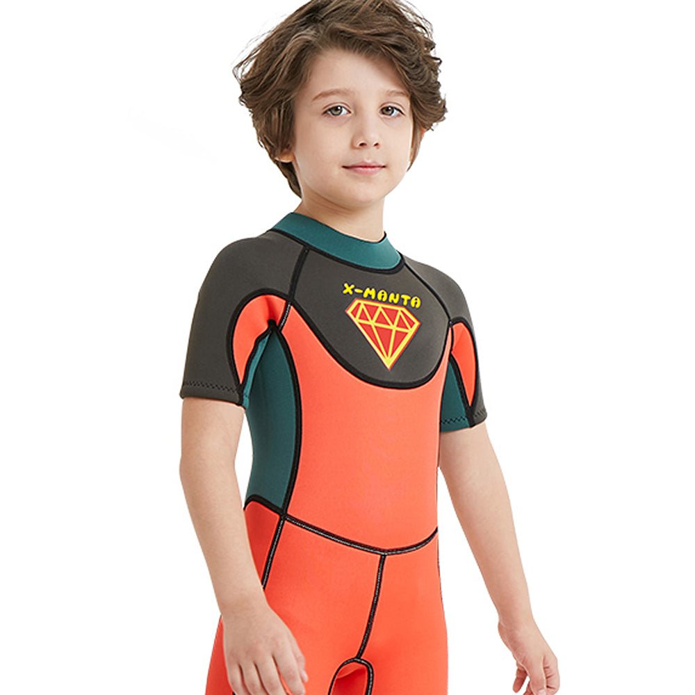 Superhero Green & Orange 2.5mm Neoprene Knee Length Kids Swimsuit, Half Sleeves Swimwea - Little Surprise BoxSuperhero Green & Orange 2.5mm Neoprene Knee Length Kids Swimsuit, Half Sleeves Swimwea