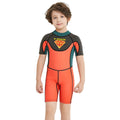 Superhero Green & Orange 2.5mm Neoprene Knee Length Kids Swimsuit, Half Sleeves Swimwea - Little Surprise BoxSuperhero Green & Orange 2.5mm Neoprene Knee Length Kids Swimsuit, Half Sleeves Swimwea