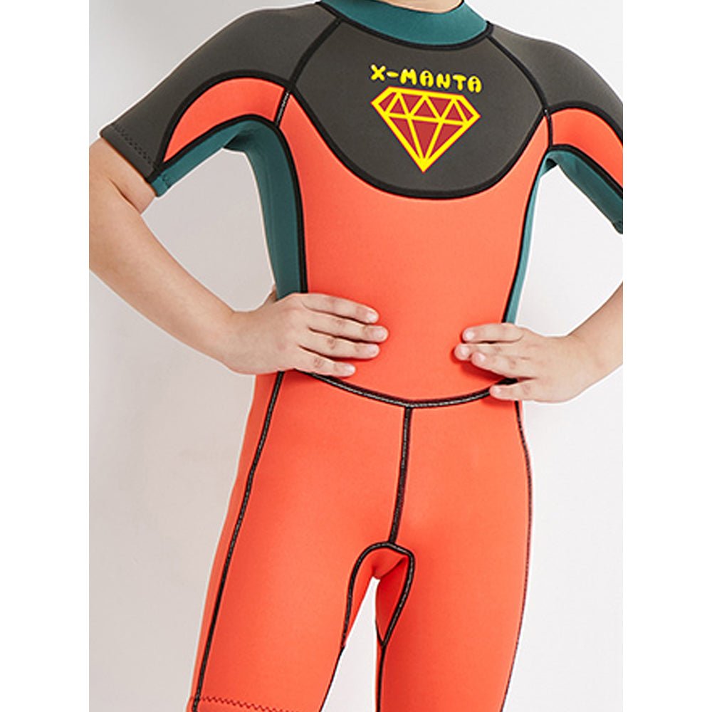 Superhero Green & Orange 2.5mm Neoprene Knee Length Kids Swimsuit, Half Sleeves Swimwea - Little Surprise BoxSuperhero Green & Orange 2.5mm Neoprene Knee Length Kids Swimsuit, Half Sleeves Swimwea