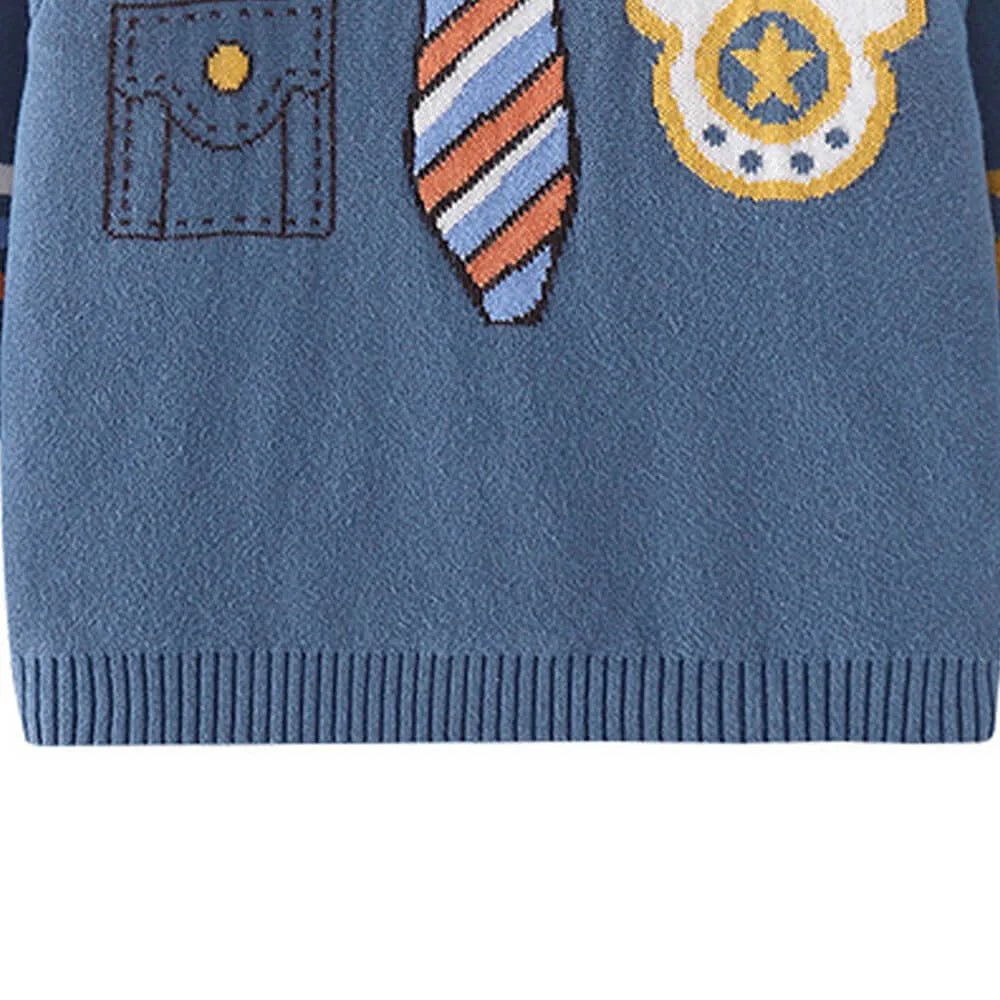 Teal Blue, Little Man Tie Print Kids Cardigan Sweater, Round Neck - Little Surprise BoxTeal Blue, Little Man Tie Print Kids Cardigan Sweater, Round Neck