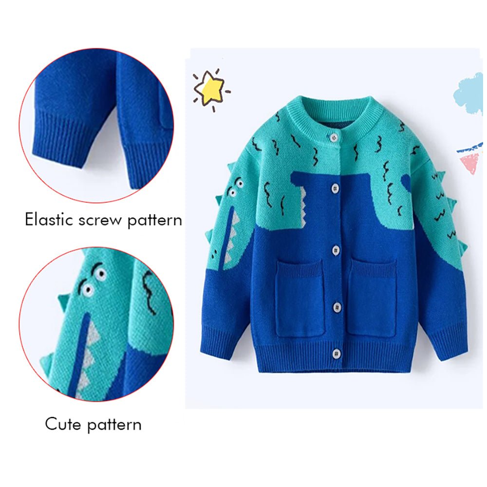 Turquoise Blue Dinosaur Cardigan/Warmer/Sweater for Toddlers & Kids - Little Surprise BoxTurquoise Blue Dinosaur Cardigan/Warmer/Sweater for Toddlers & Kids