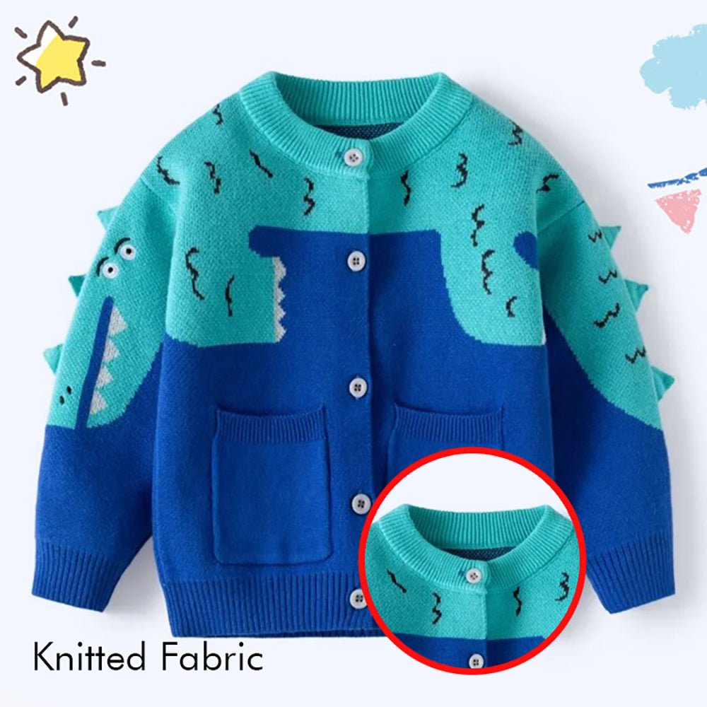 Turquoise Blue Dinosaur Cardigan/Warmer/Sweater for Toddlers & Kids - Little Surprise BoxTurquoise Blue Dinosaur Cardigan/Warmer/Sweater for Toddlers & Kids