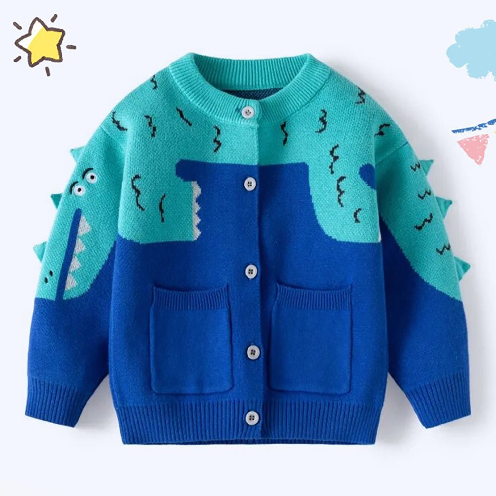 Turquoise Blue Dinosaur Cardigan Warmer Sweater for Toddlers Kids Little Surprise Box