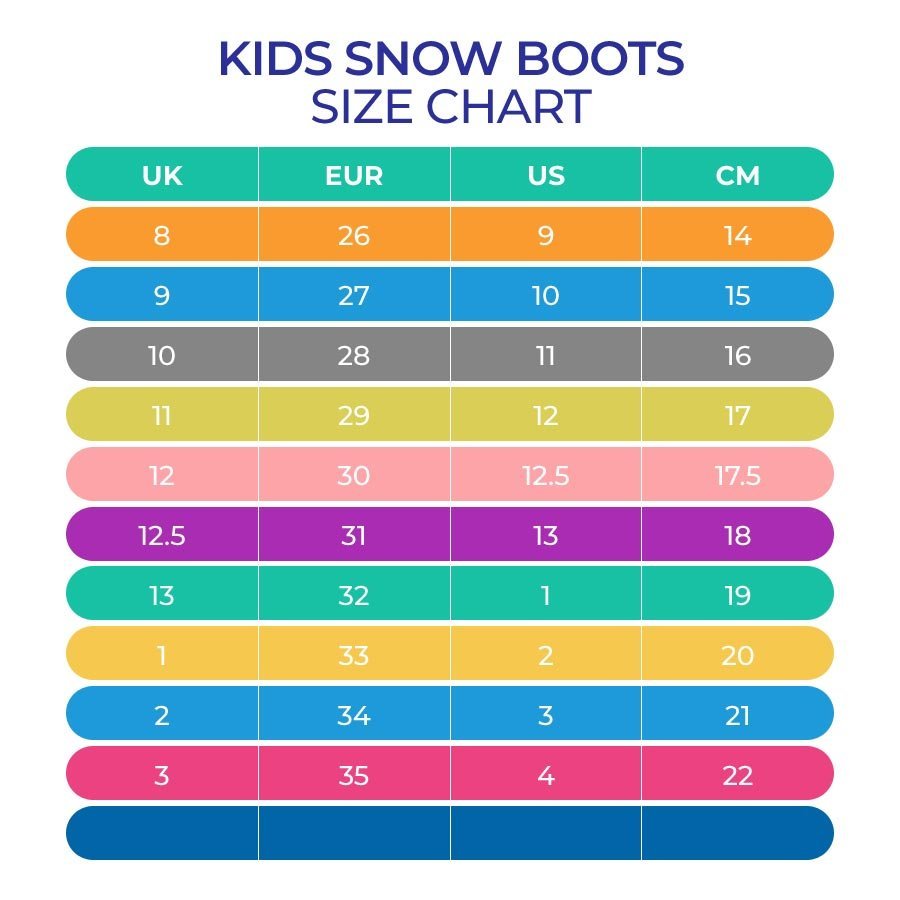 Unisex Kids Snowboots, Cute run-though stitched purple butterfly with embelishments - Little Surprise BoxKids Snowboots Size Chart