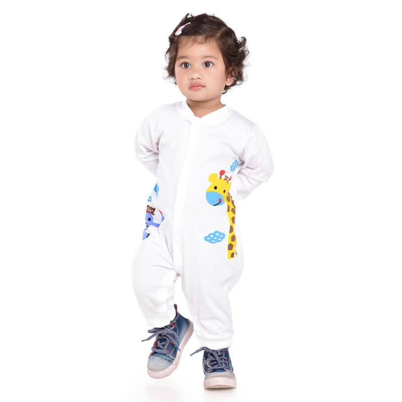 White Romper with Blue Elephant and Yellow Giraffe Print, 1-2 years - Little Surprise BoxWhite Romper with Blue Elephant and Yellow Giraffe Print, 1-2 years
