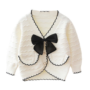 White Ruffled Cardigan with Big black Bow Winter Warmer Sweater for Toddlers & Kids - Little Surprise BoxWhite Ruffled Cardigan with Big black Bow Winter Warmer Sweater for Toddlers & Kids