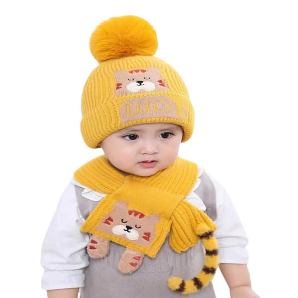 Yellow Bear woven Stretchable Woolen Winter Cap for Kids with Matching Neck Muffler Set (3-10yrs) - Little Surprise BoxYellow Bear woven Stretchable Woolen Winter Cap for Kids with Matching Neck Muffler Set (3-10yrs)
