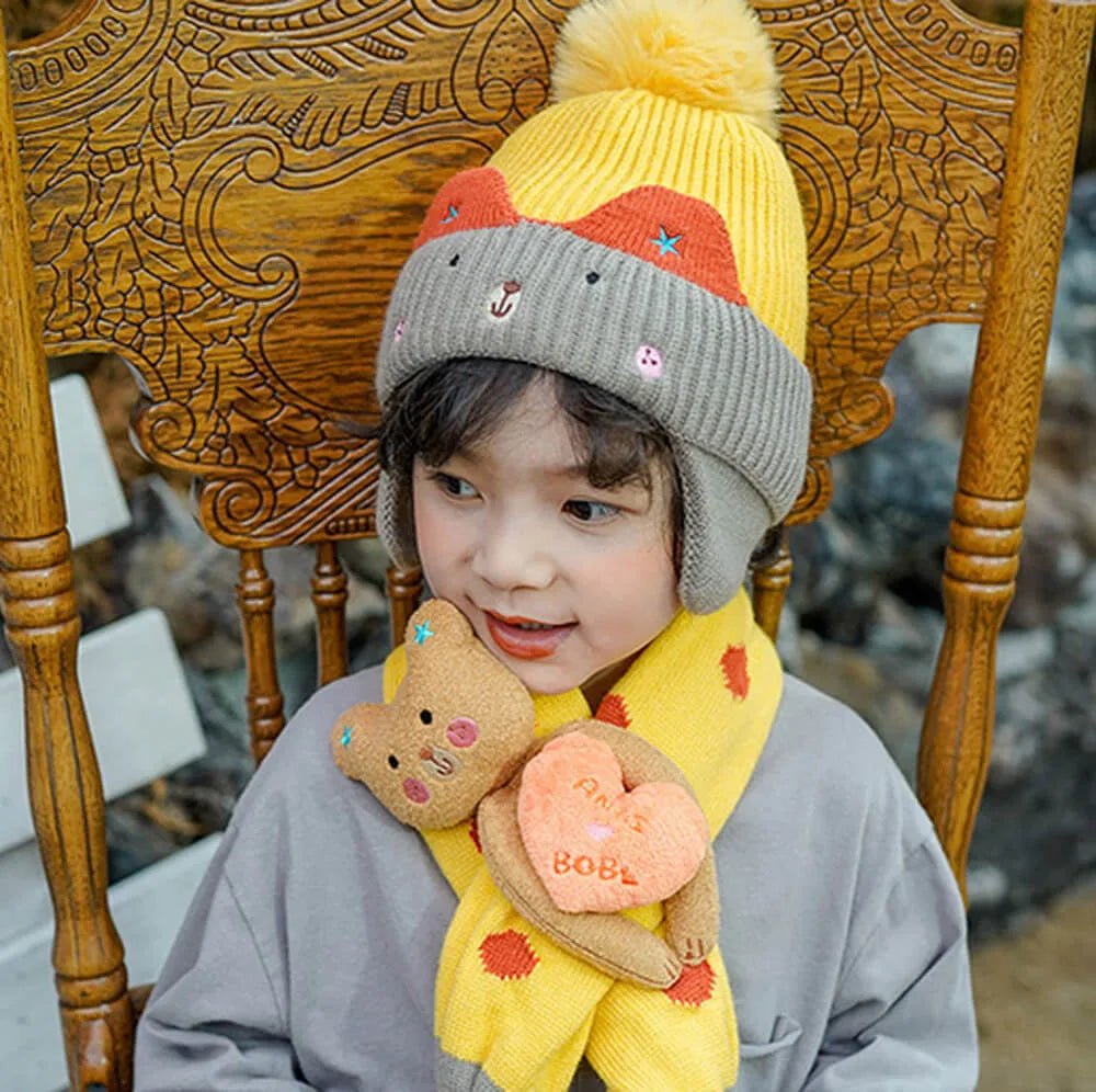 Yellow & Grey Bear Winter Cap & Neck Muffler Set - Little Surprise BoxYellow & Grey Bear Winter Cap & Neck Muffler Set