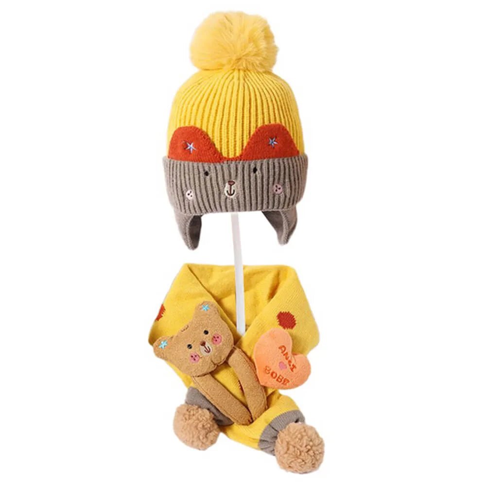 Yellow & Grey Bear Winter Cap & Neck Muffler Set - Little Surprise BoxYellow & Grey Bear Winter Cap & Neck Muffler Set