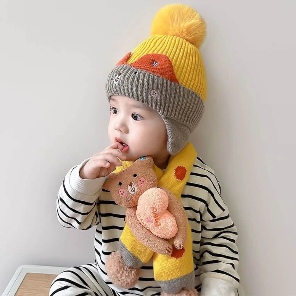 Yellow & Grey Bear Winter Cap & Neck Muffler Set - Little Surprise BoxYellow & Grey Bear Winter Cap & Neck Muffler Set