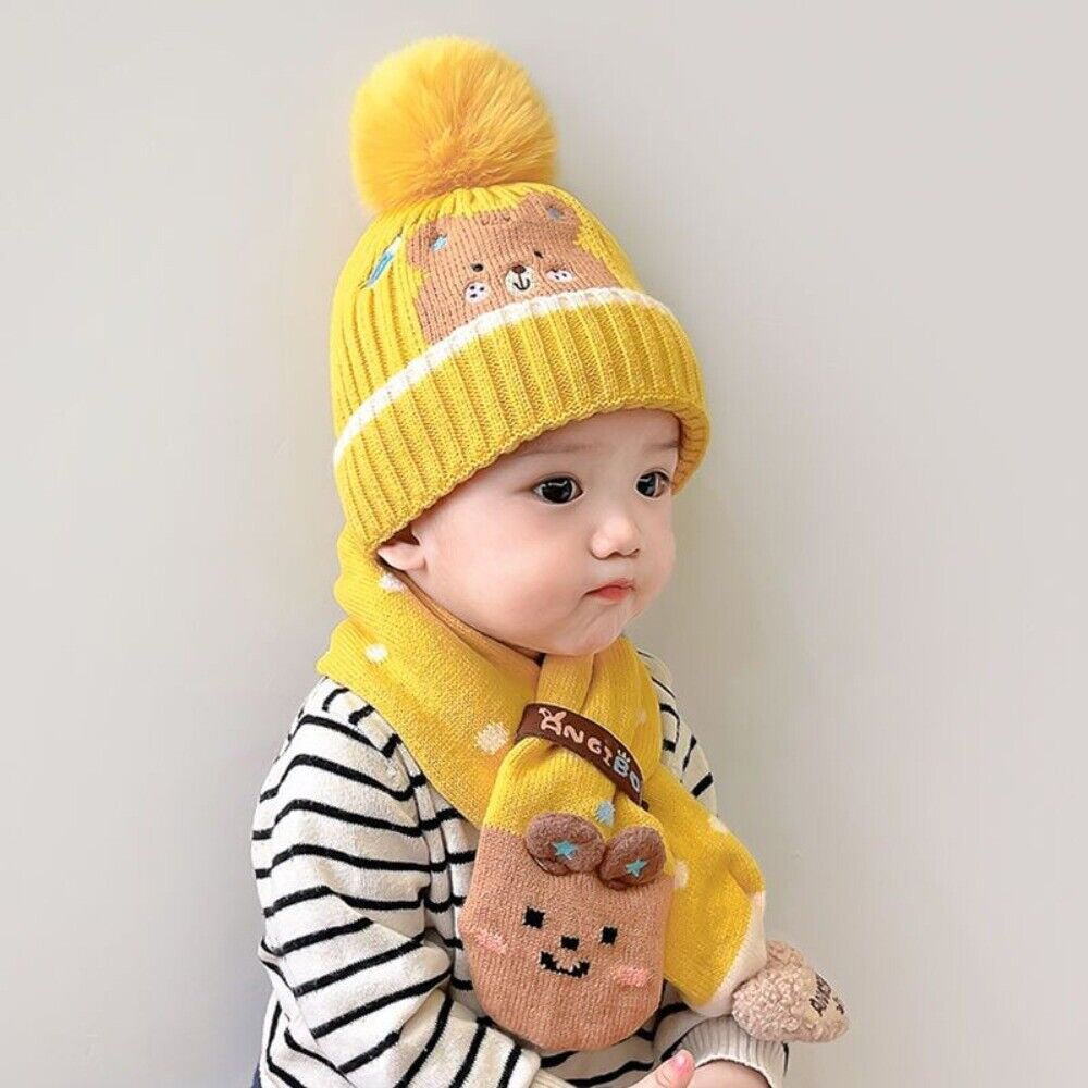 Yellow Ted Winter Cap Beanie & matching Neck Muffler 2pcs Set, 3yrs- 8yrs - Little Surprise BoxYellow Ted Winter Cap Beanie & matching Neck Muffler 2pcs Set, 3yrs- 8yrs