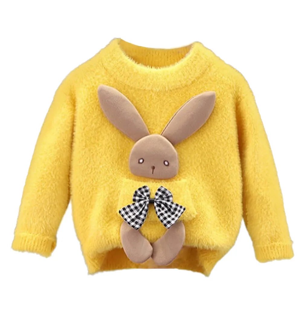 Yellow with 3d Bunny Kids Cardigan Sweater, Round Neck - Little Surprise BoxYellow with 3d Bunny Kids Cardigan Sweater, Round Neck