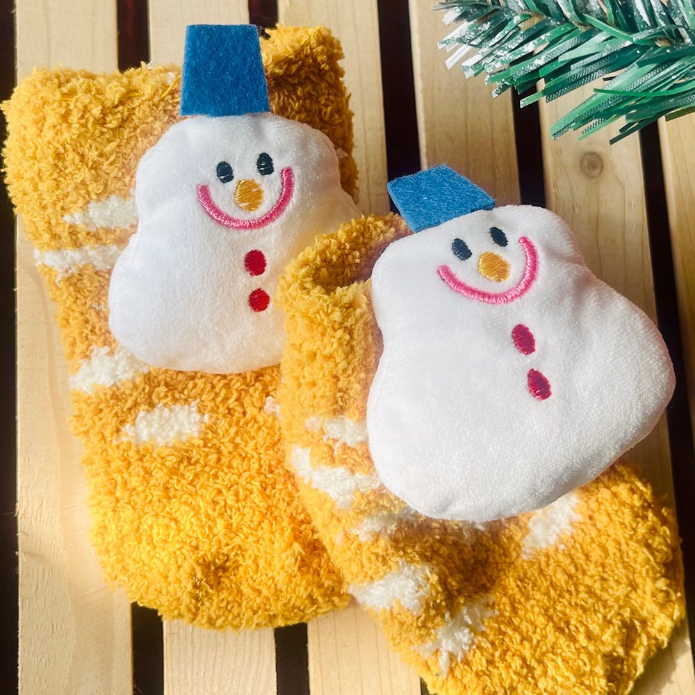 Yellow Xmas Snowman theme Woolen Christmas Socks for Infants (0-12) months - Little Surprise BoxYellow Xmas Snowman theme Woolen Christmas Socks for Infants (0-12) months